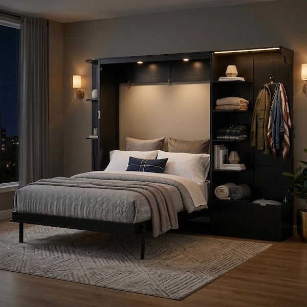 Black Wood Frame Queen Size Murphy Bed with Storage Shelves, Cabinets, LED Lights, Space-Saving Wall Bed