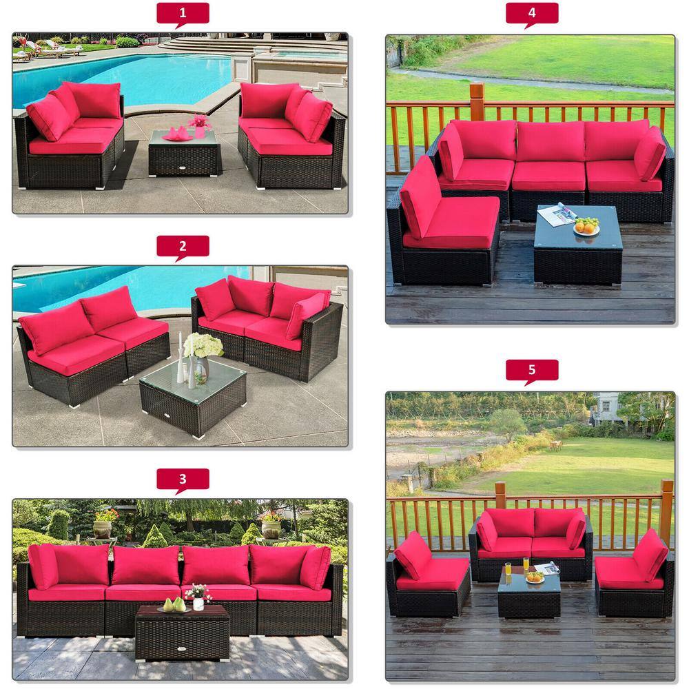 5-Piece Red Cushioned Rattan Patio Furniture Set with Ottoman