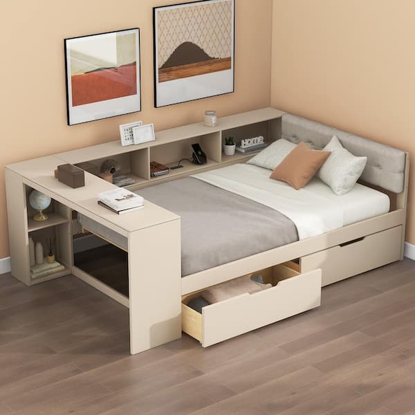 Harper & Bright Designs Cream Wood Frame Full Platform Bed with 2 Drawers, Desk, Linen Upholstered Headboard, USB, Storage Shelves