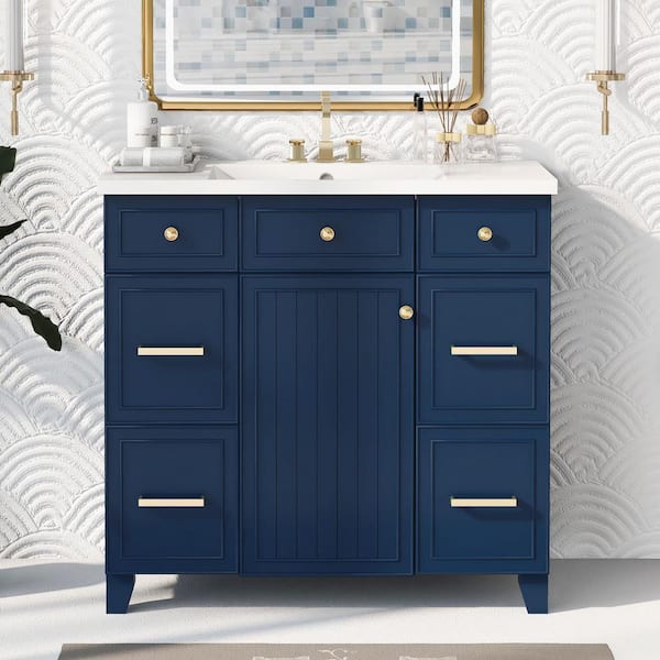 EPOWP 36 in. W x 18 in. D x 34 in. H Freestanding Bath Vanity in Blue with White Ceramic Top and 3 Drawers Storage Cabinet