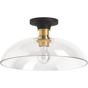 Tone 1 Light Flush Mount with Domed Glass Shade, Black with Brass Trim