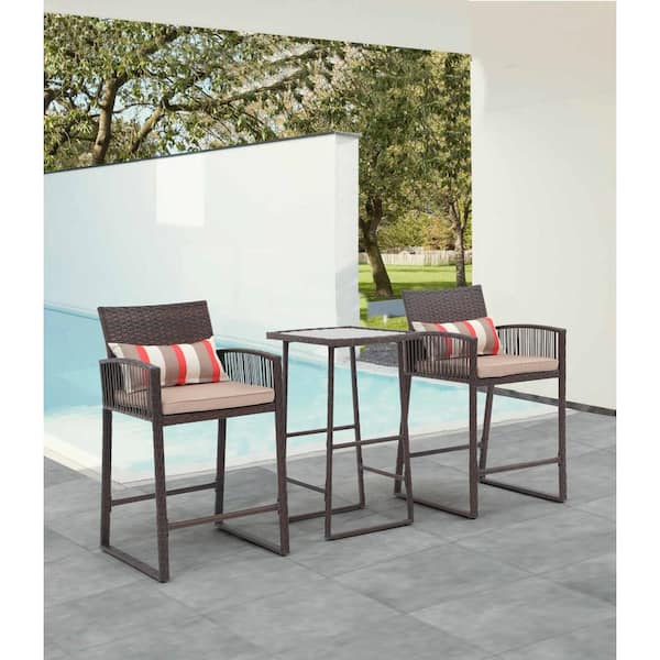 Freestyle 3-Piece Wicker Brown Outdoor Serving Bar Set with Beige Cushions