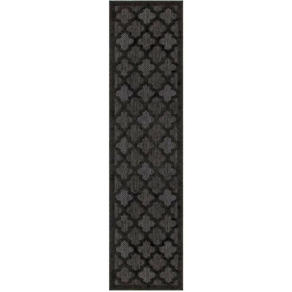 Easy Care Charcoal Black 2 ft. x 10 ft. Trellis Contemporary Runner Area Rug