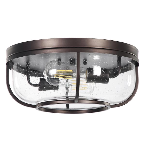 TRIBESIGNS WAY TO ORIGIN Crystal 13.2 in. 3-Light Matte Black Dome Ceiling Semi- Flush Mount Light with Open Seeded Glass Shade