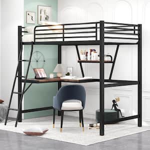 Black Twin size Metal Loft Bed with Desk and Shelf
