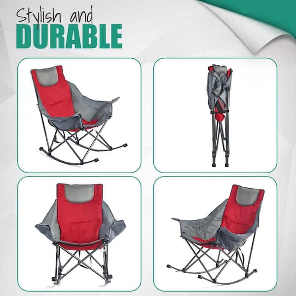 MOEPISY Oversized Rocking Camping Chair, Fully Padded Patio Chair High Back  Portable Lawn Recliner with Headrest Red Grey 0CXPQGN1R