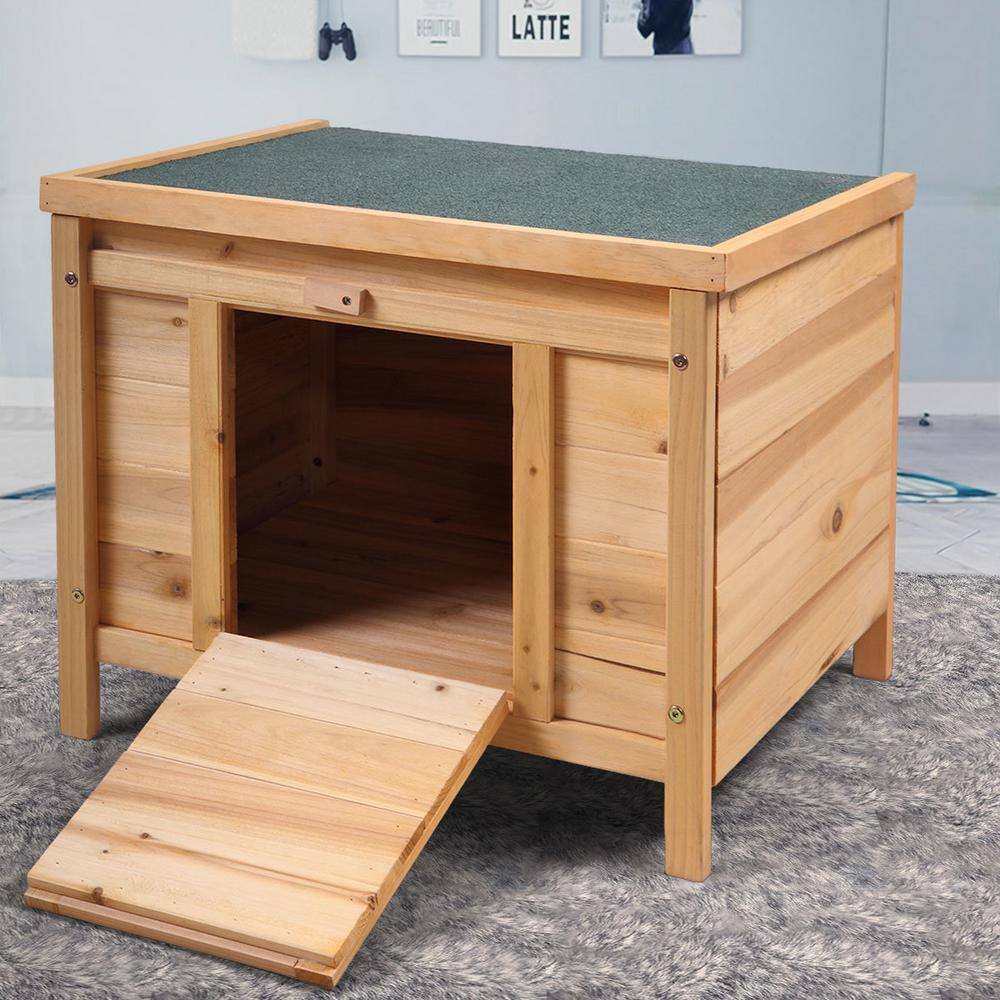 Small Brown Fir Wood Raised Pet House with Ladder