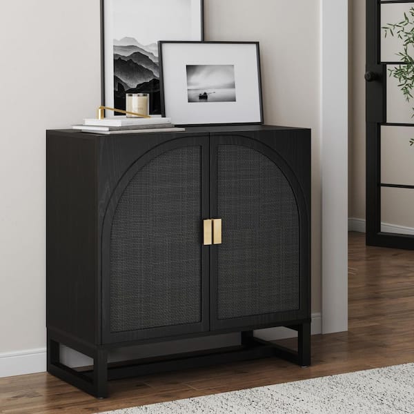 Paxton Black Oak 31 in. H Storage Cabinet with Arched Black Rattan Doors and Adjustable Shelf and Solid Wood Legs