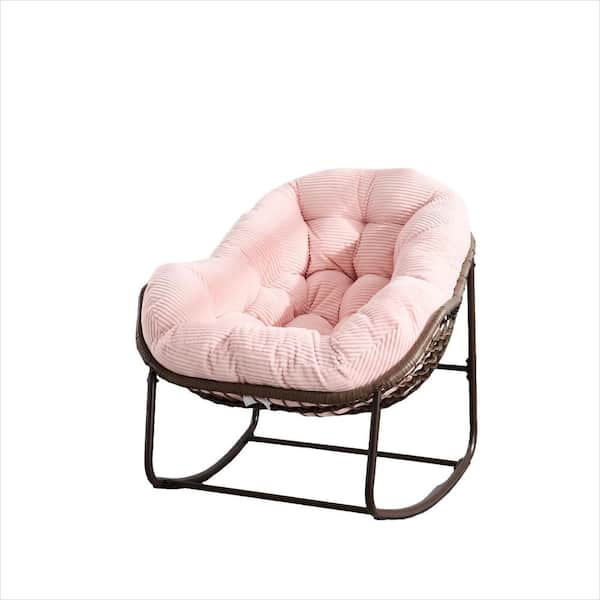 Metal Frame Outdoor Rattan Rocking Chair with Pink Padded Cushion for Front Porch, Living Room, Patio, Garden