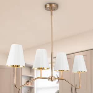 4-Light Satin Gold Island Farmhouse Chandelier with Fabric Shade Perfect for Kitchen, Dinning Room and Living Room.