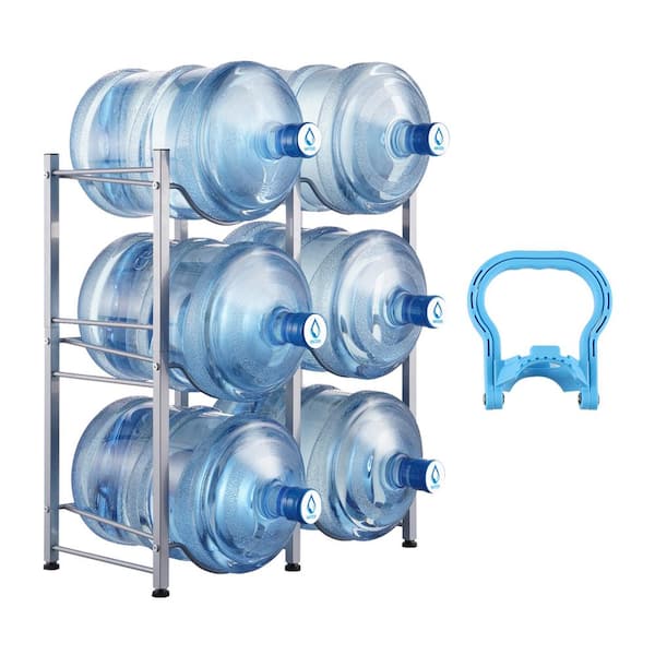 SKYSHALO 3-Tiers Water Jug Holder, 5-Gallon Water Bottle Holder, Double Row Water Bottle Rack for 6 Bottles, Heavy Duty, Silver