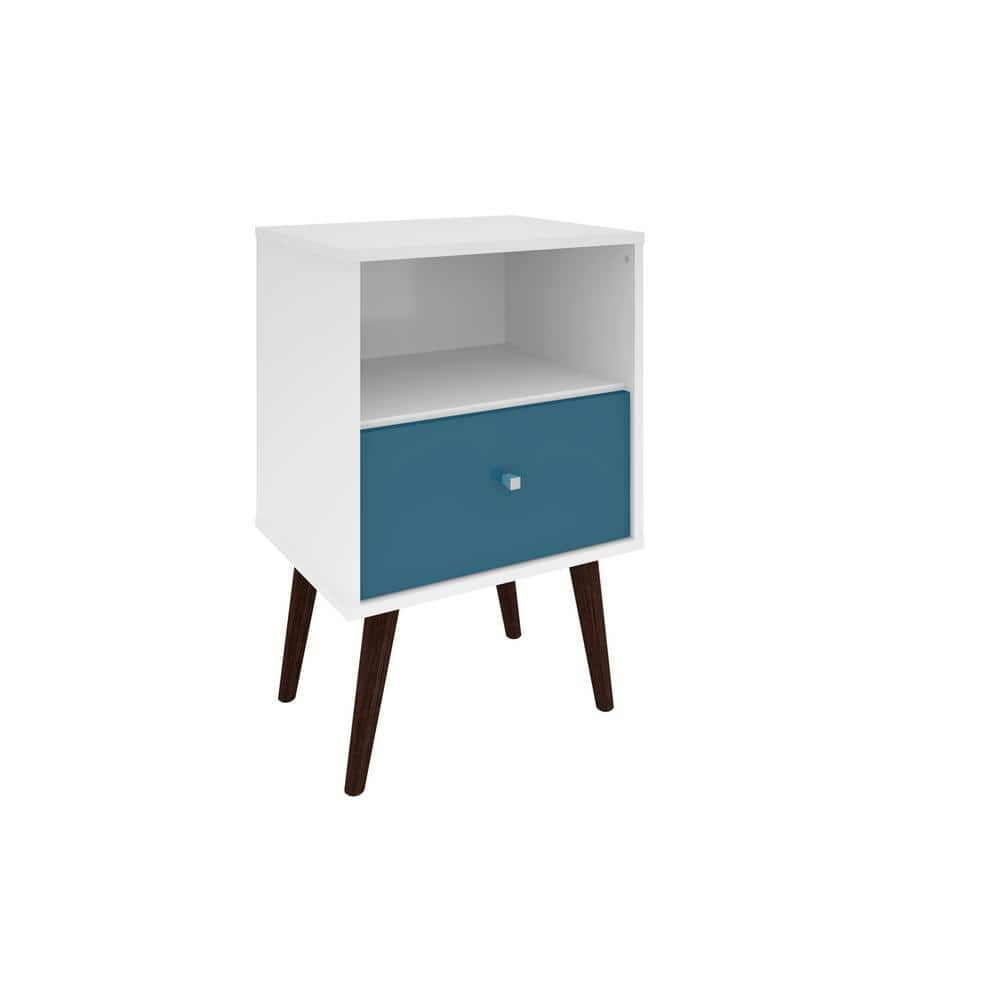 Liberty Mid-Century Modern White & Aqua Blue Nightstand with Drawer