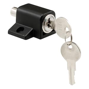 Push-In Sliding Door Keyed Lock, 1 in., Diecast and Steel Components, Black Painted Finish