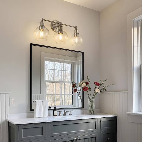 24 in. 3-Light Brushed Nickel Vanity Light with Clear Glass Globe Shades Modern Bathroom Lighting