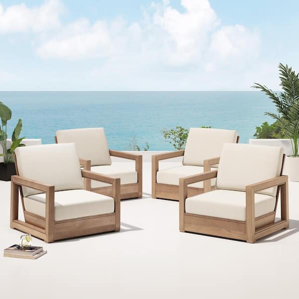 Westchester Brown Removable Cushions Wood Outdoor Patio Club Chair with Beige Cushion (4-Pack)