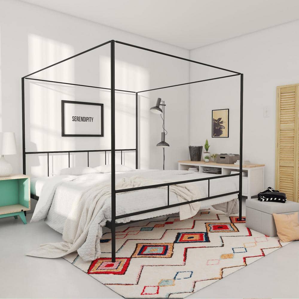 Marion King-Sized Black Metal Frame Canopy Bed with Headboard