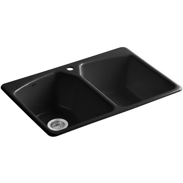 KOHLER Tanager Drop-In Cast-Iron Double Bowl 33 in. 1-Hole Kitchen Sink in Black