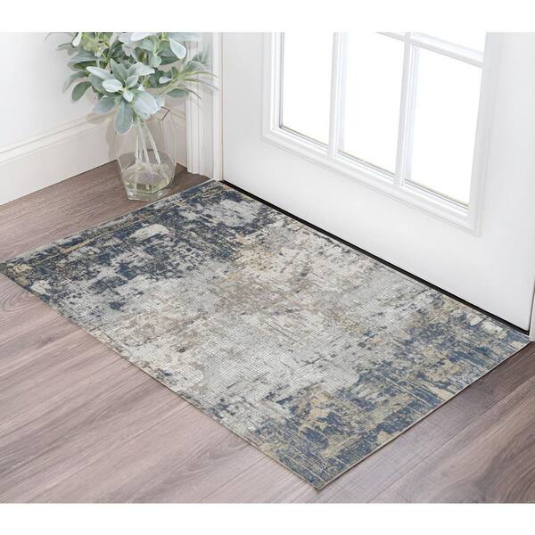2 ft. x 3 ft. Beige Dark Blue And Gray Abstract Area Rug