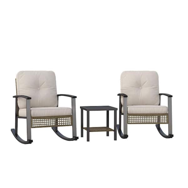 Patio Conversation Black 3-Piece Wicker Round Outdoor Dining Set with CushionGuard Beige Cushions