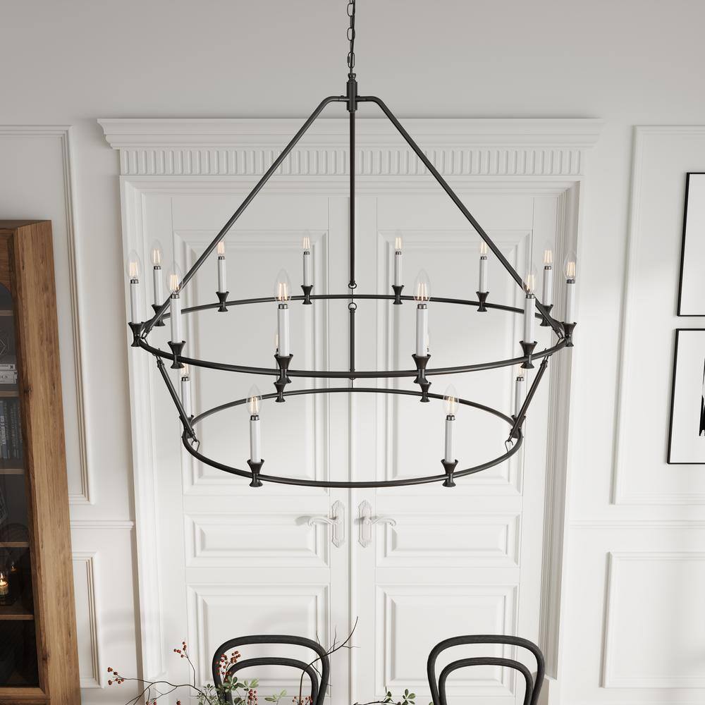Farmhouse Black 18-Light 2-Tier Iron Candle Chandelier