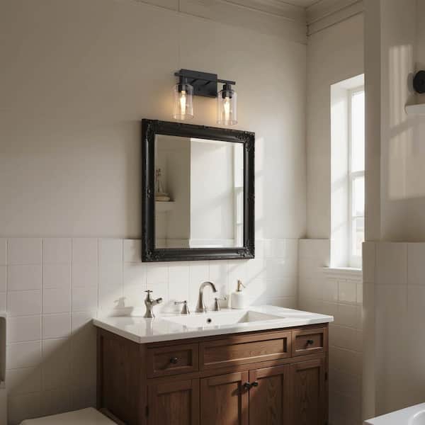 13.4 in. 2 Light Matte Black Vanity Light with Industrial Clear Glass Shades and E26 Sockets for Bathroom