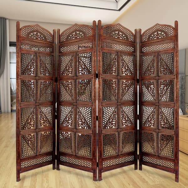 Traditional Four Panel 5 ft 9 in. Antique Brown Wooden Room Divider with Hand Carved Details