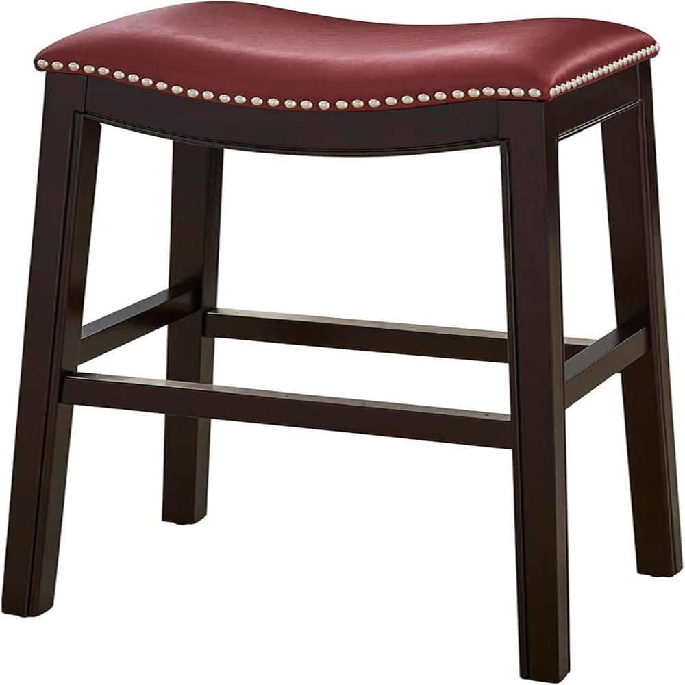 Espresso Wood and Red Faux Leather Saddle Barstool