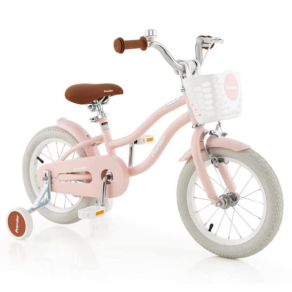 Costway 14 in. Kid's Bike with Removable Training Wheels and Basket for 3-5 Years Old Pink