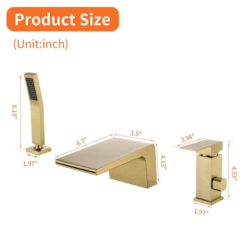 Brushed Gold Single Handle Waterfall Tub Faucet with Hand Shower