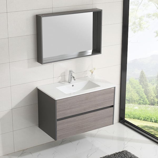 walsport 36.4 in. W x 31.6 in. D x 18.1 in. H Single Sink bath Vanity in Beige with White Countertop and Mirror Include