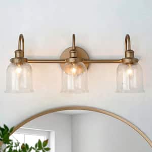 Modern Bell Brass Gold Bathroom Vanity Light 3-Light Dome Powder Room Wall Sconce Light with Seeded Glass Shades