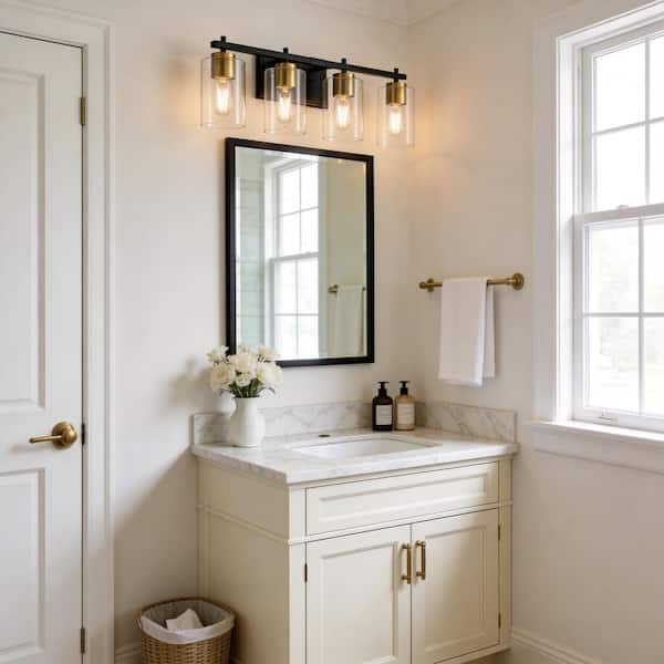 24 in. 4-Light Black and Gold Vanity Light with Clear Glass Shades for Bathrooms