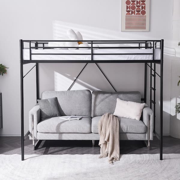 Black Loft Bed Full Size with Flat Rungs for Adults, Kids and Young Teens, No Box Spring Required