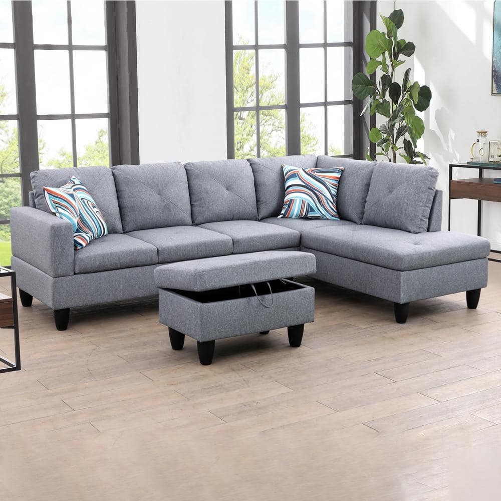 28.5 in. W Gray Linen Rectangle Ottoman with Storage