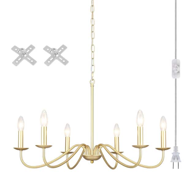 ADSENSTY 6-Light Gold Dimmable Farmhouse Candle Plug-In Chandelier for Kitchen Island with No Bulbs Included