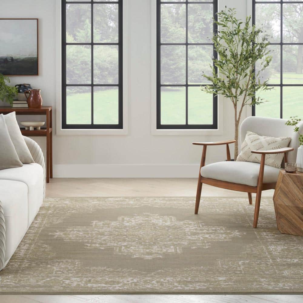 Olive Green Synthetic Medallion Rectangular Area Rug 8' x 10'