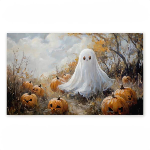 Ghost in Field of Pumpkins Orange 18 in. x 30 in. Polyester Non-Slip Outdoor Door Mat