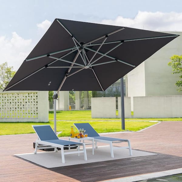 PURPLE LEAF 11 ft. Square Aluminum Solar Powered LED Patio Cantilever Offset Umbrella with Wheels Base, Gray