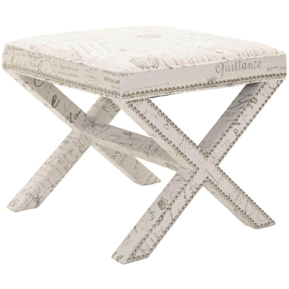 White Cotton Linen Ottoman with Nail Head Trim