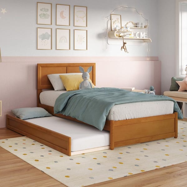 Lylah Light Toffee Natural Bronze Solid Wood Frame Twin Platform Bed with Panel Footboard and Twin Trundle