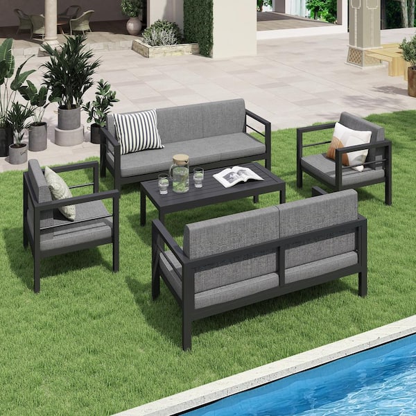 COVERONICS Outdoor 5-Piece Aluminum Patio Conversation Set with Drak Gray Cushions
