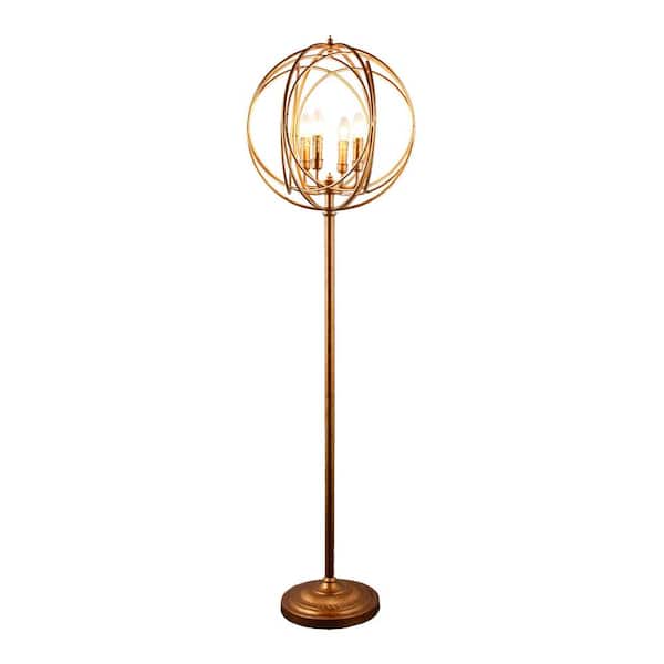 HomeRoots 64 in Gold Gold Four Light Column Floor Lamp With Modern Gold Geometric Globe Shade