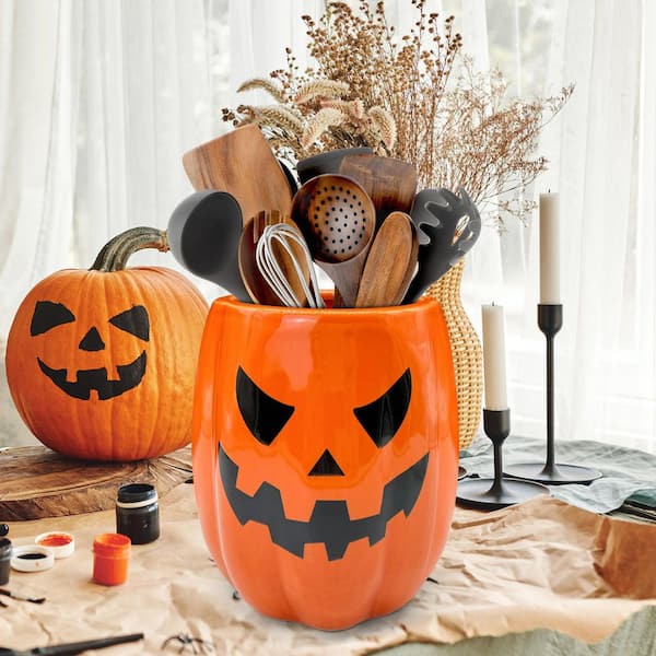 Orange Ceramic Pumpkin Utensil Holder, Cute Halloween Decor, Utensils Crock for Rustic Farmhouse Indoor Kitchen