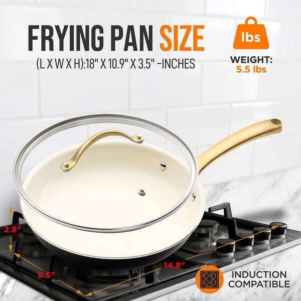 NutriChef Pre Seasoned Nonstick Cooking Wok Cast Iron Kitchen Stir Fry Pan  with Wooden Lid for Gas, Electric, Ceramic, & Induction Countertops, Black