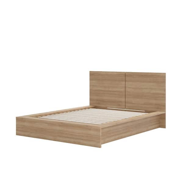 James Brown Oak Frame Queen Size Platform Bed with Headboard