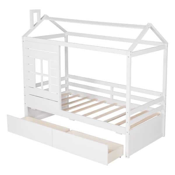 ANBAZAR Twin Size White Wood House Canopy Bed with Drawers and Roof ...