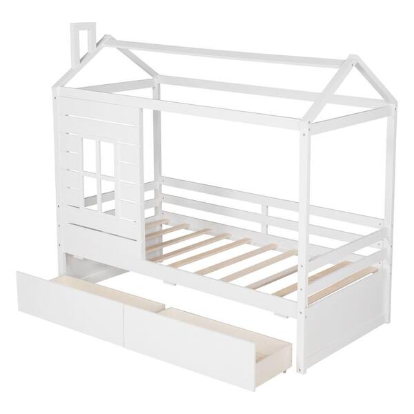 Z-joyee Wood White Twin Size House Bed with 2-Drawers