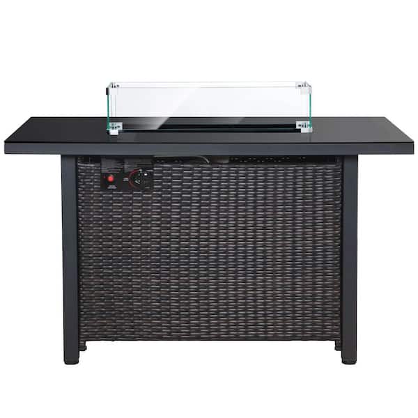 Afoxsos 43 in. W x 22 in. D x 25 in. H Outdoor 50000 BTU Rattan and Metal Propane Fire Pit Table with Glass Wind Guard, Lid