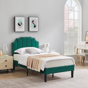 Upholstered Bed Green Metal Plus Wood Frame Twin Platform Bed with Tufted Adjustable Headboard/Mattress Foundation