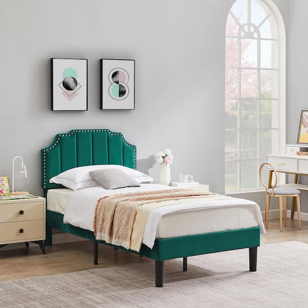 VECELO Upholstered Bed Green Metal Plus Wood Frame Twin Platform Bed with Tufted Adjustable Headboard/Mattress Foundation